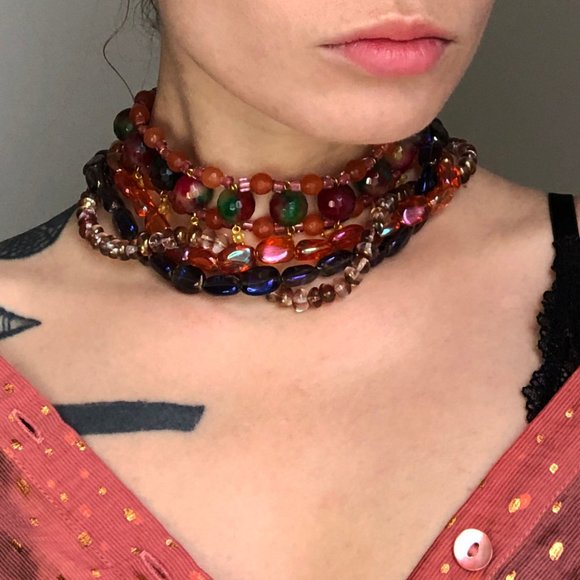 Colorful chunky necklace set bold glass bead choker collar OOAK unique jewelry